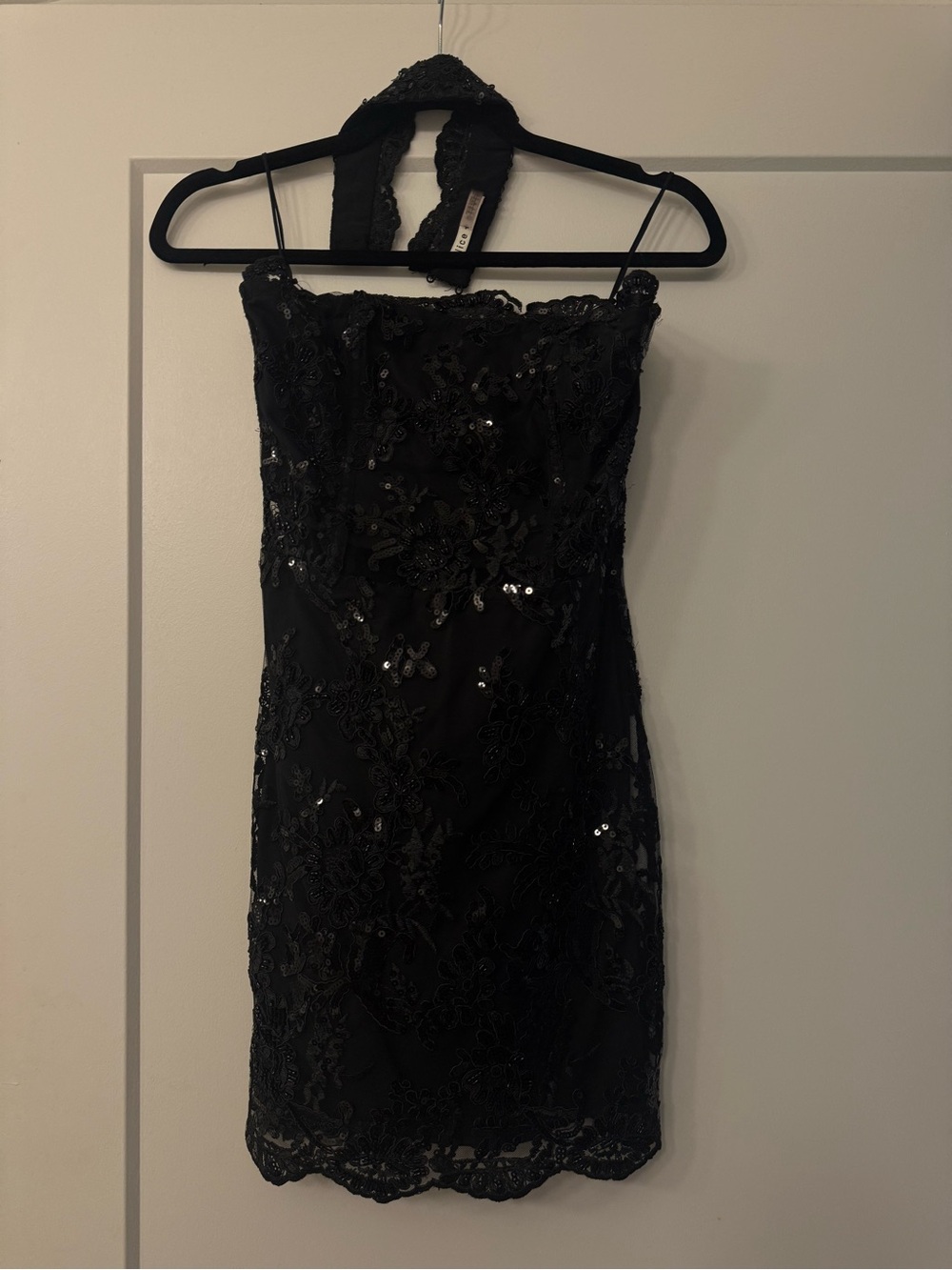 Alice + Olivia Black Sequin Lace Strapless Mini Dress + Choker